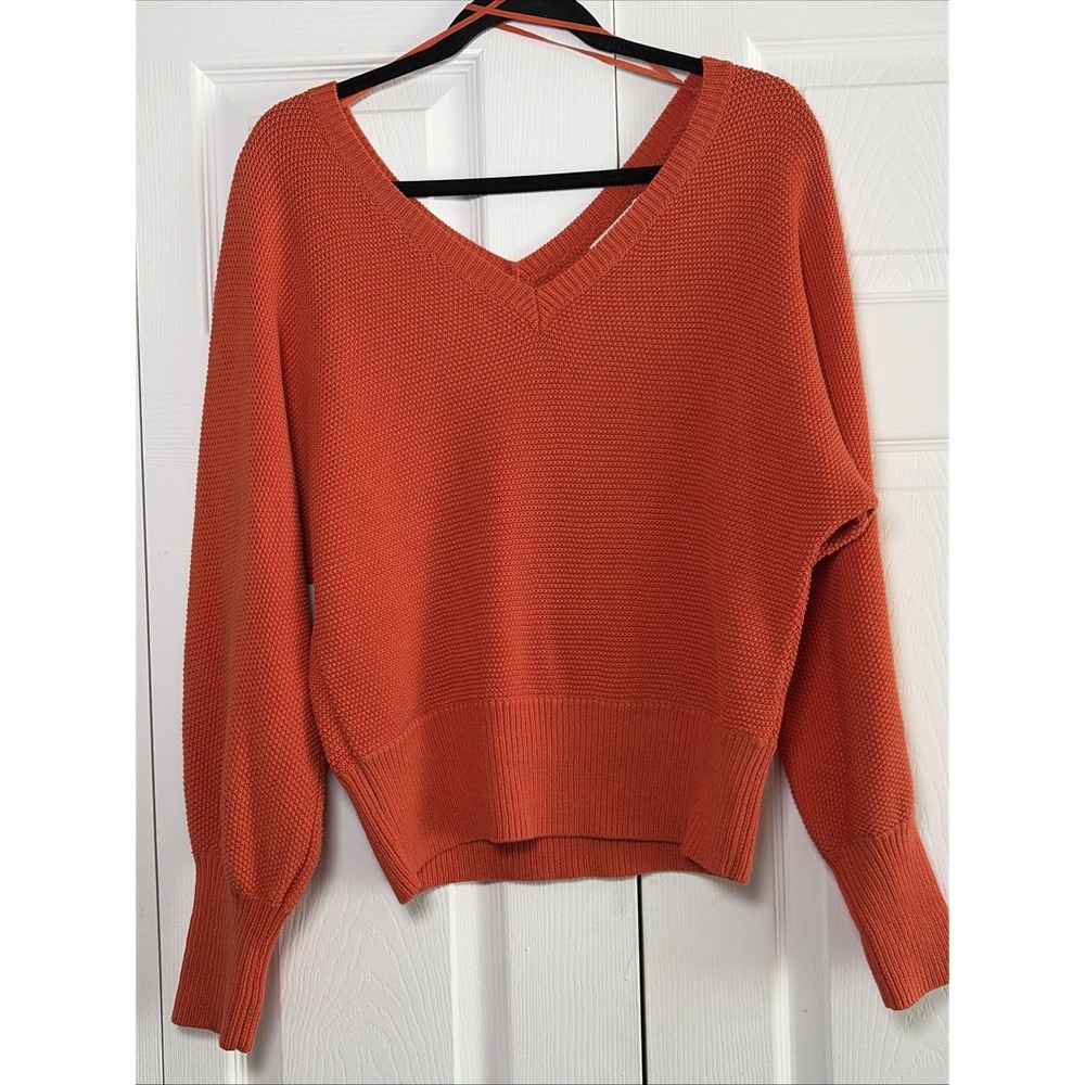 Anthropologie V-Neck Pullover Sweater Womens Size S Orange Textured Cotton Knit